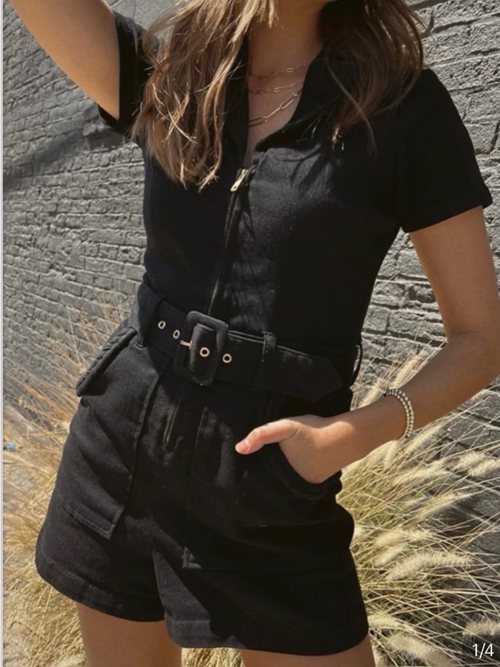 Show me your mumu - Black Short Sleeve Belted Romper - Jumpsuit